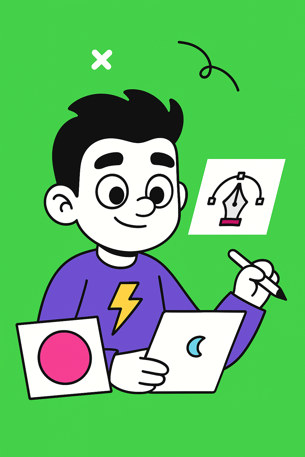 A cartoon boy with dark hair and a purple shirt with a yellow lightning bolt, holding a pen and paper with a crescent moon shape, and another paper with a pink circle.